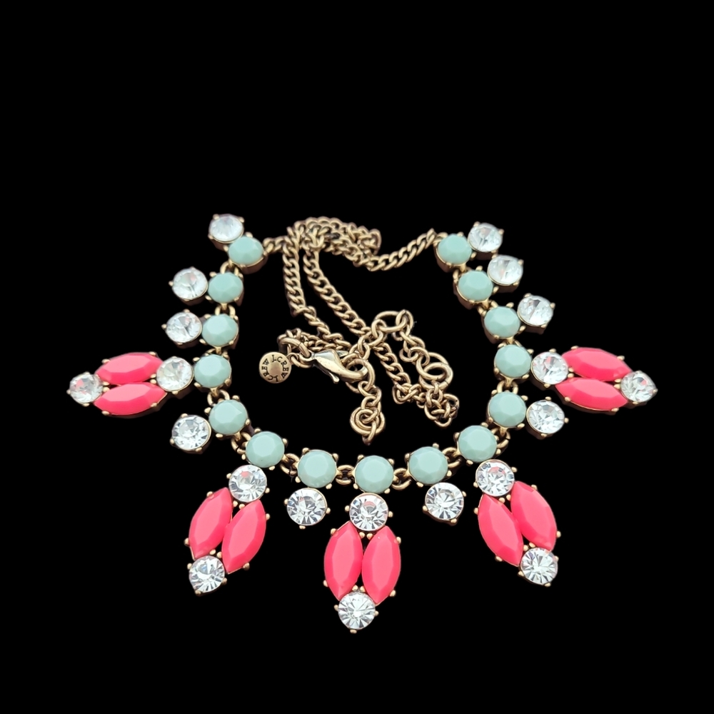 J. Crew Vtg Mint Green and Hot Pink Rhinestone Goldtone Statement Necklace
